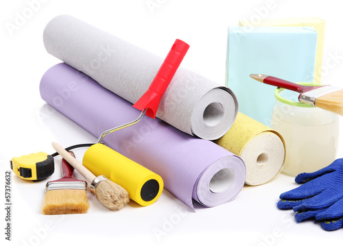 Photo: Wallpaper and accessories for glue wallpaper, isolated on white Wallpaper and accessories for glue wallpaper, isolated on white