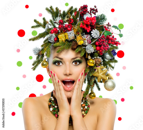 Photo: Christmas Woman. Christmas Tree Holiday Hairstyle and Make up Christmas Woman. Christmas Tree Holiday Hairstyle and Make up