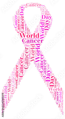 Illustration: Tag cloud World Cancer Day related in shape of pink ribbon Tag cloud World Cancer Day related in shape of pink ribbon