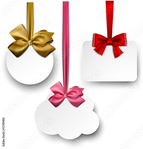 Vector: White paper gift cards with satin bows. White paper gift cards with satin bows.