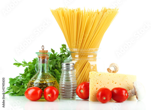 Photo: Pasta spaghetti with vegetables isolated on white Pasta spaghetti with vegetables isolated on white
