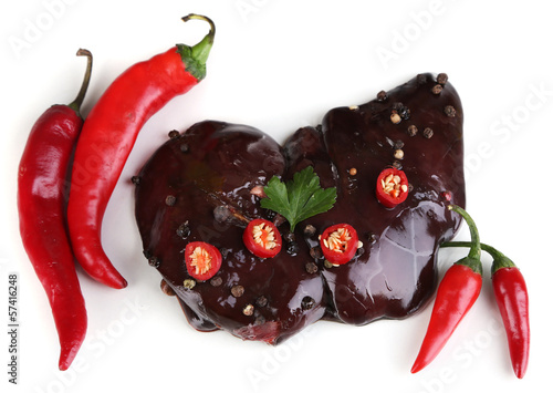 Photo: Raw liver with spices and condiments isolated on white Raw liver with spices and condiments isolated on white