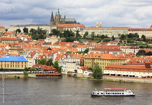 Photo: Motor ship on the river Vltava in the background Prague Castle. Motor ship on the river Vltava in the background Prague Castle.