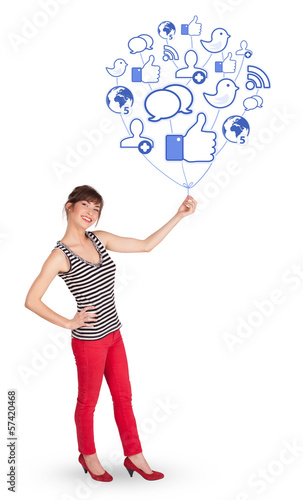 Photo: Happy lady holding social icon balloon Happy lady holding social icon balloon
