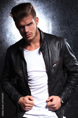 Photo: young fashion model in leather jacket young fashion model in leather jacket