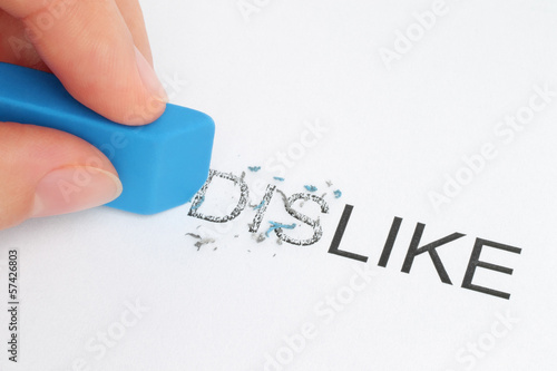 Photo: Hand erasing part of the dislike word close-up. Hand erasing part of the dislike word close-up.