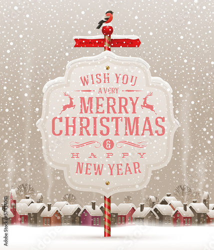 Vector: Signboard with Christmas greeting and landscape with village Signboard with Christmas greeting and landscape with village