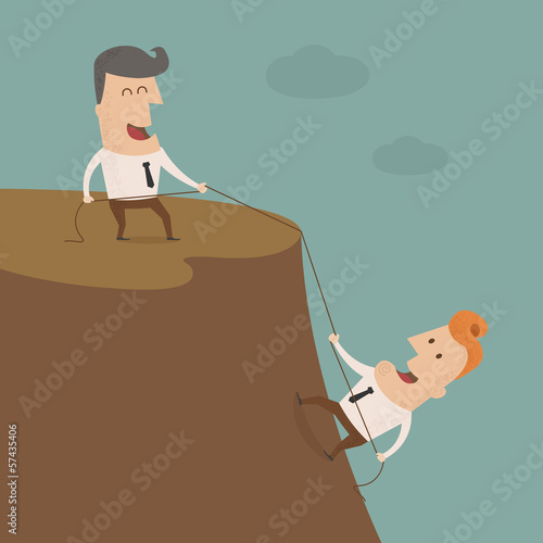 Vector: Businessman on the top of a rock helping an other businessman to Businessman on the top of a rock helping an other businessman to
