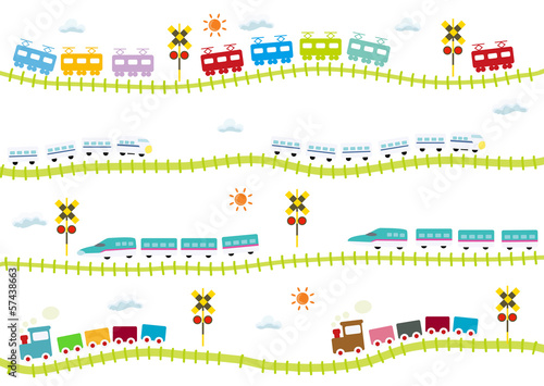 Vector: 子供向け可愛い踏切のある線路を走る電車 はやぶさ 子供向け可愛い踏切のある線路を走る電車 はやぶさ