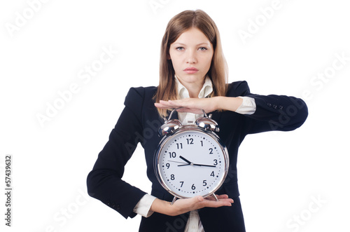 Photo: Businesswoman with clock isolated on white Businesswoman with clock isolated on white