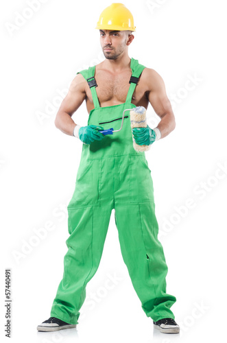 Photo: Painter in green coveralls on white Painter in green coveralls on white