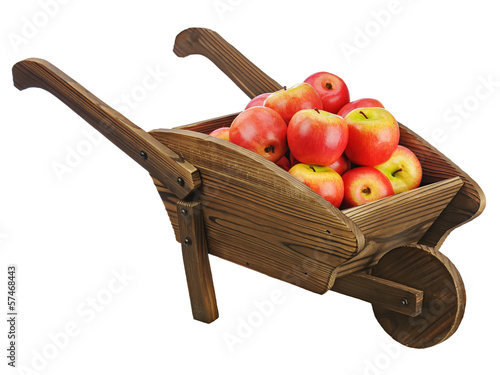 Photo: Red apples on wooden pushcart isolated on white background. Red apples on wooden pushcart isolated on white background.