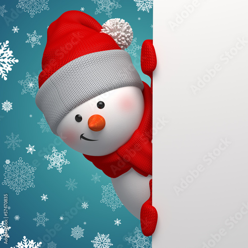 Illustration: 3d cute Christmas Snowman holding blank banner 3d cute Christmas Snowman holding blank banner