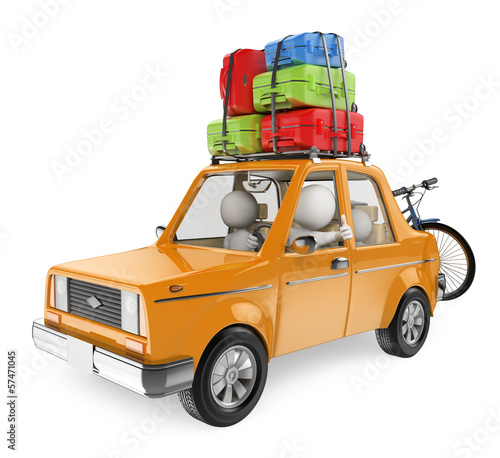 Illustration: 3D white people. Family goes on holiday by car 3D white people. Family goes on holiday by car