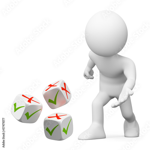 Illustration: 3D white people. Dice tick or cross 3D white people. Dice tick or cross
