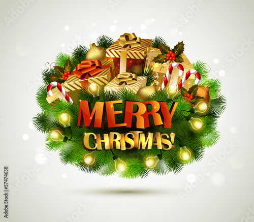 Vector: Merry Christmas composition with gifts and garlands Merry Christmas composition with gifts and garlands