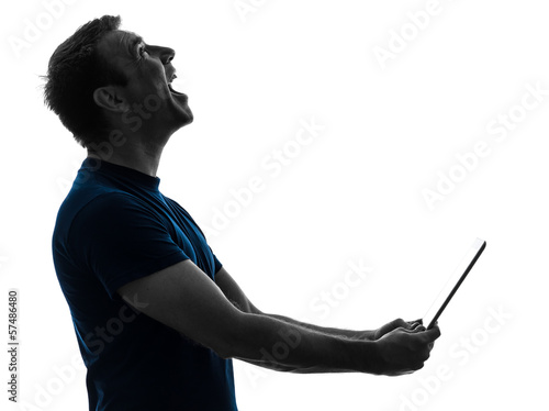 Photo: man holding digital tablet laughing portrait man holding digital tablet laughing portrait