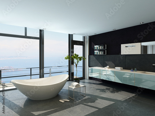 Illustration: Expensive luxury bathtub against panoramic window Expensive luxury bathtub against panoramic window