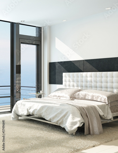 Illustration: Contemporary modern sunny bedroom interior with huge windows Contemporary modern sunny bedroom interior with huge windows