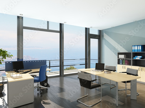 Illustration: Modern office interior with spledid seascape view Modern office interior with spledid seascape view