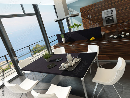 Illustration: Stylish kitchen interior with cooking island and seascape view Stylish kitchen interior with cooking island and seascape view