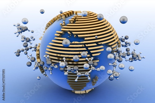 Illustration: Globe with molecules. 3d abstract background Globe with molecules. 3d abstract background