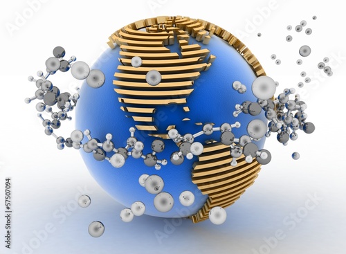 Illustration: Globe with molecules. 3d abstract background Globe with molecules. 3d abstract background