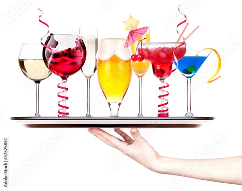 Photo: different images of alcohol on a waitress tray different images of alcohol on a waitress tray