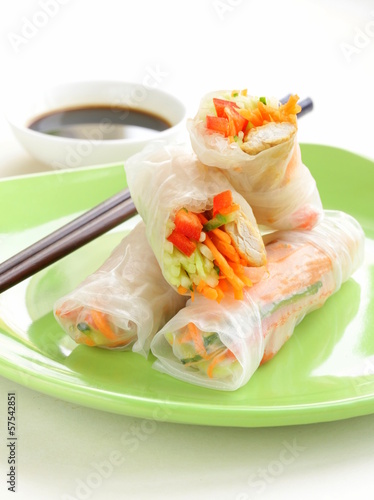 Photo: spring rolls with vegetables and chicken on a plate spring rolls with vegetables and chicken on a plate