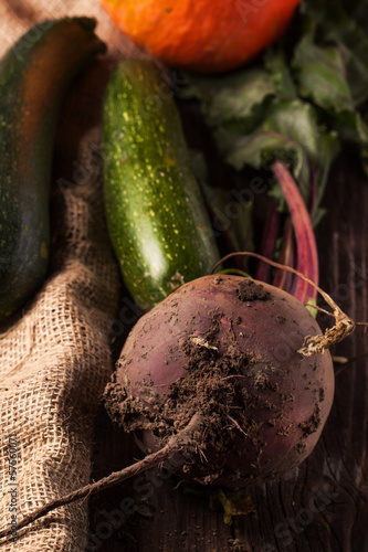 Photo: Beetroot and zucchini on sackcloth Beetroot and zucchini on sackcloth