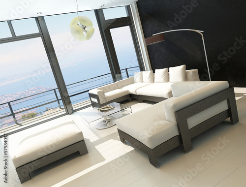 Illustration: Modern living room with huge windows and black stone wall Modern living room with huge windows and black stone wall
