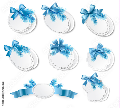 Vector: Set of christmas retro labels with blue gift bows with ribbons. Set of christmas retro labels with blue gift bows with ribbons.