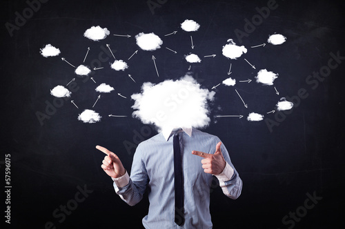 Photo: Business man with cloud network head Business man with cloud network head