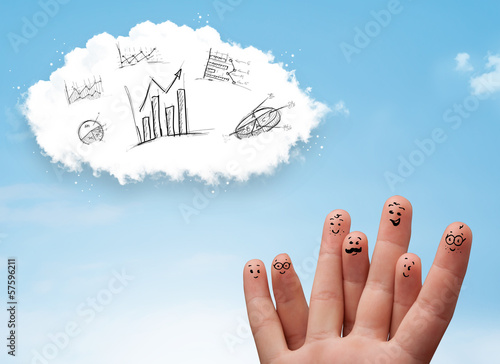 Photo: Happy smiley fingers looking at cloud with hand drawn charts Happy smiley fingers looking at cloud with hand drawn charts