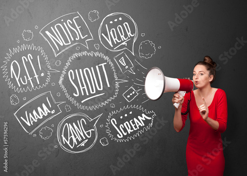 Photo: Girl yelling into megaphone and hand drawn speech bubbles come o Girl yelling into megaphone and hand drawn speech bubbles come o
