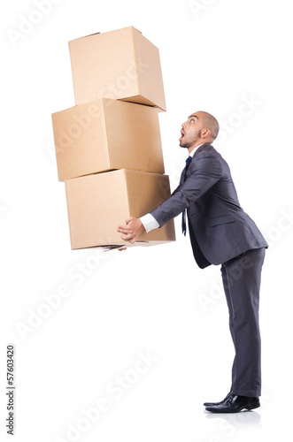 Photo: Businessman with box isolated on the white Businessman with box isolated on the white
