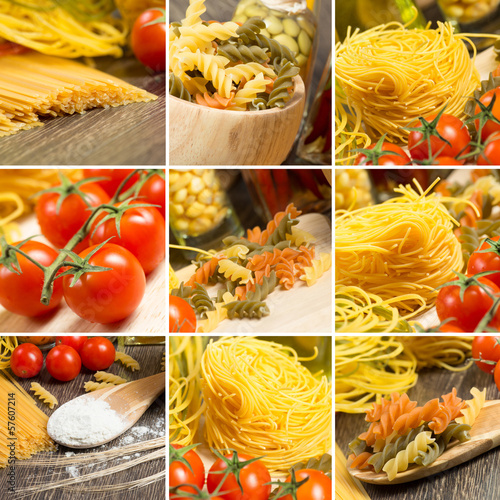 Photo: pasta and cherry tomatoes, collage pasta and cherry tomatoes, collage