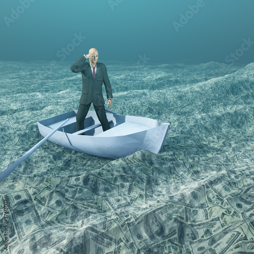 Illustration: Man afloat in tiny boat on sea of currency Man afloat in tiny boat on sea of currency