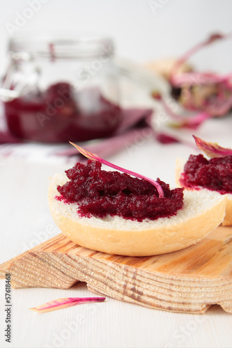 Photo: Piece of bread with beetroot marmalade Piece of bread with beetroot marmalade