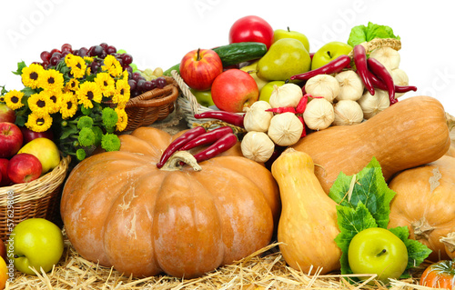 Photo: Composition with fruits and vegetables isolated on white Composition with fruits and vegetables isolated on white