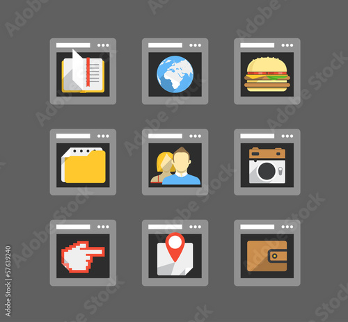 Vector: Web browser windows with color flat icons collection Web browser windows with color flat icons collection