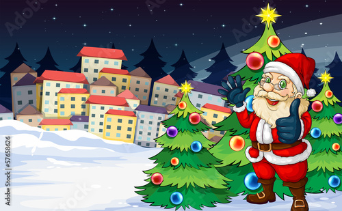Vector: Santa Claus standing beside the Christmas trees near the village Santa Claus standing beside the Christmas trees near the village