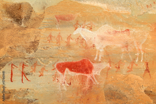 Photo: Bushmen rock painting depicting antelopes and human figures Bushmen rock painting depicting antelopes and human figures