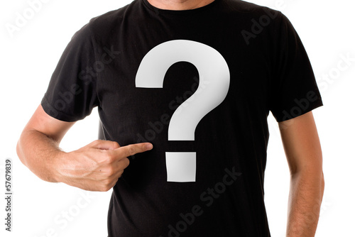 Photo: Man in black t-shirt with question mark Man in black t-shirt with question mark