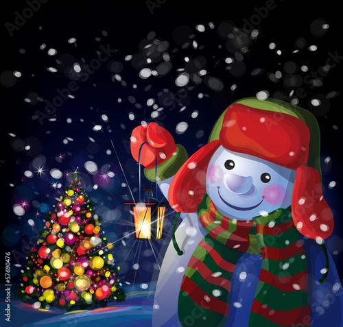 Vector: Vector snowman holding Christmas lantern on Chrismas tree backgr Vector snowman holding Christmas lantern on Chrismas tree backgr