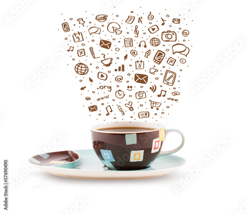 Photo: Coffee-mug with hand drawn media icons Coffee-mug with hand drawn media icons