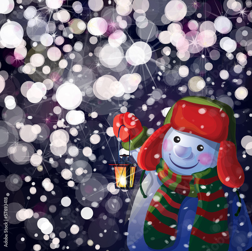 Vector: Vector snowman holding Christmas lantern on snowfall background. Vector snowman holding Christmas lantern on snowfall background.
