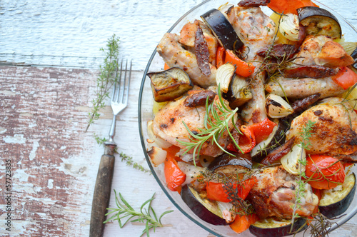 Photo: chicken casserole with chorizo, eggplant and potatoes chicken casserole with chorizo, eggplant and potatoes