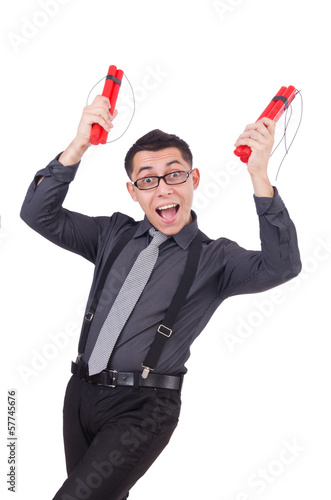 Photo: Businessman with dynamite isolated on white Businessman with dynamite isolated on white