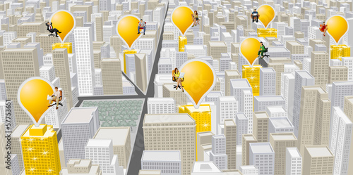 Vector: City with people on chair over golden buildings City with people on chair over golden buildings